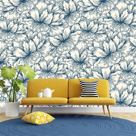 Removable Wallpaper Blue Tropical Flowers Toile Peel And Etsy