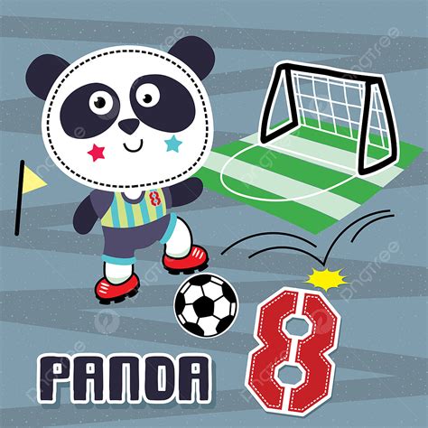 Cute Cartoon Panda Boy Soccer Player Stepping The Ball And Pointing