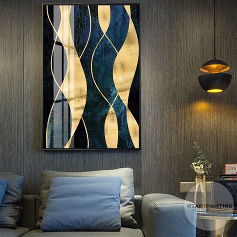 Geometric Abstract Gold Navy Blue Print Painting Luxury Wall Art