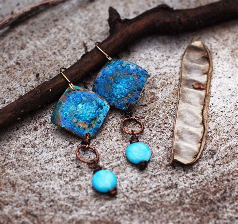 Gorgious Blue Patina Dangling Copper Earrings With Amazonite Etsy