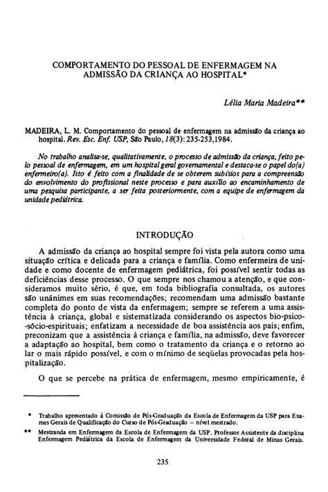 Pdf Comportamento Do Pessoal De Enfermagem Na AdmissÃo Da CrianÇa Ao