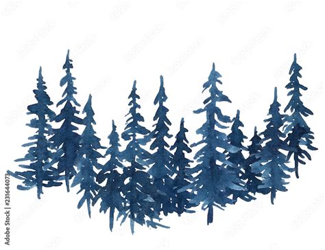 Watercolor Indigo Blue Group Of Pine Trees Christmas And New Year