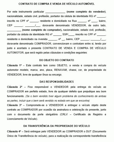 Modelo De Contrato De Compra E Venda De Veiculo