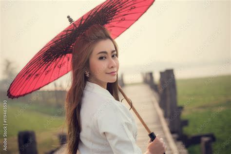 The Beautiful Burmese Woman In Myanmar Traditional Costume Stock Photo