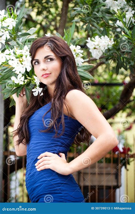 Oleander And Young Woman In Blue Dress Stock Image Image Of Dreamy