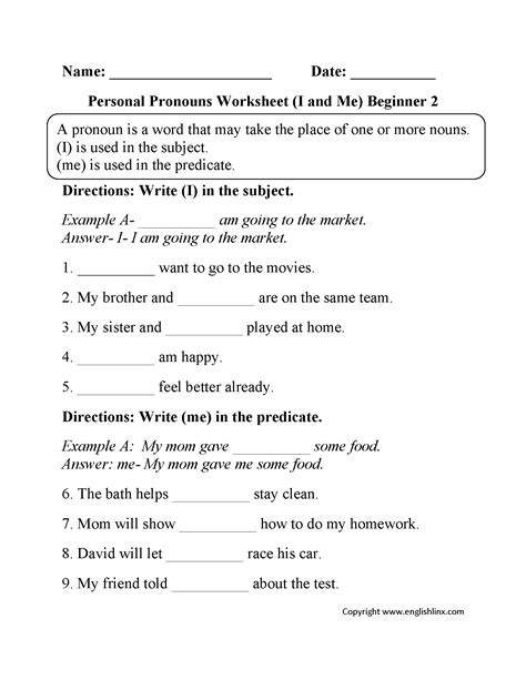 20 minutes a day will help you improve your grammar skills. I and Me Personal Pronouns Worksheets Part 2 Beginner ...