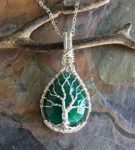 Wire Wrapped Emerald Necklace In Sterling Silver Genuine Emerald