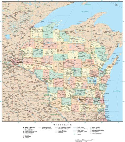 Wisconsin Map In Adobe Illustrator Vector Format Detailed Editable
