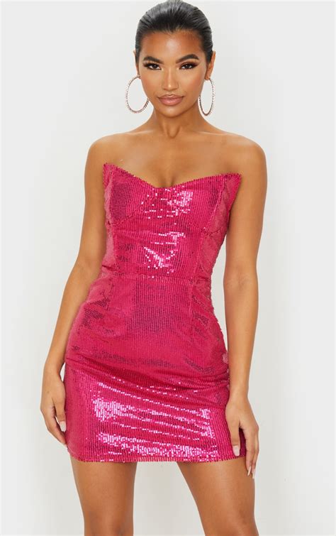 Hot Pink Sequin Bandeau Bodycon Dress Prettylittlething Ca