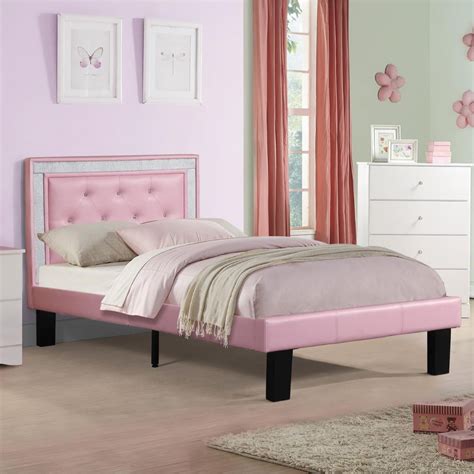 Wooden Full Bed With Pink Tufted Head Board Pink Finish