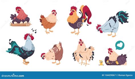 Chicken And Rooster Cute Poultry Farm Characters Cartoon Chick With Baby Chickens Isolated
