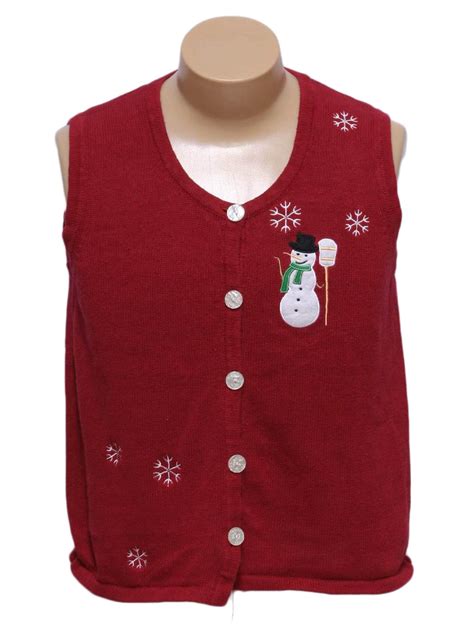 ugly christmas sweater vest care label unisex red background ramie and cotton button front