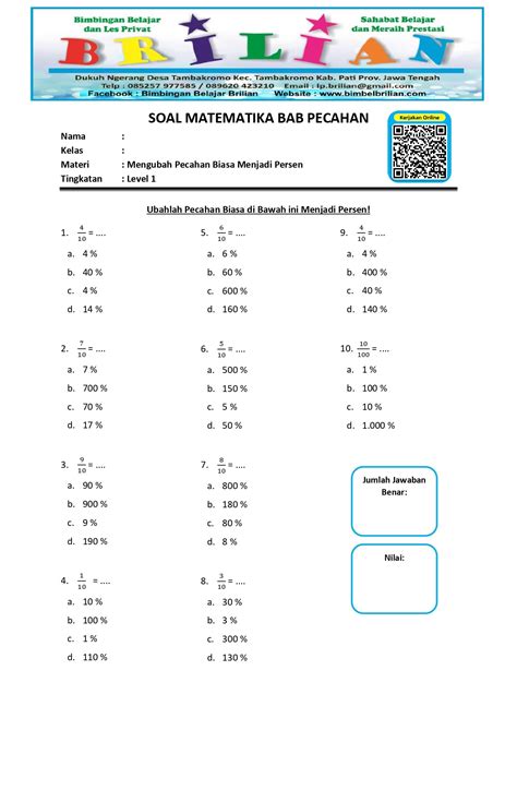 Soal Mengubah Pecahan Biasa menjadi Persen Level 1 – Bimbel Brilian