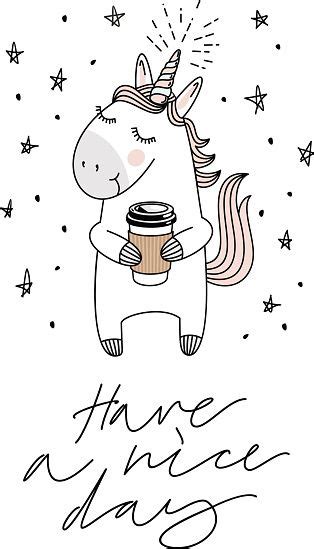 Unicorn And Coffee Good Morning Magic Vector Greeting Card Unicorn
