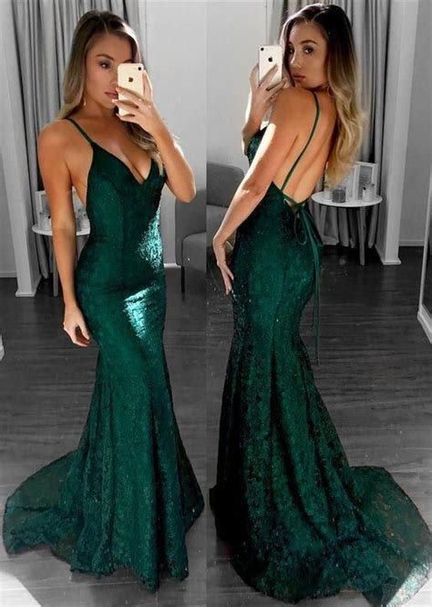Mermaid Spaghetti Straps Backless Dark Green Long Lace Prom Dress Cg35