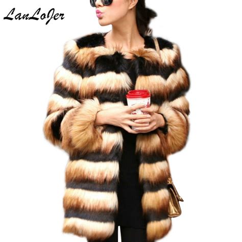 luxury faux fox fur jacket hit color yellow black striped imitation mink fur long coat warm fur
