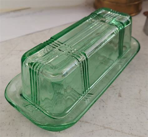 Butter Dish Vintage Green Depression Style Glass Hazel Atlas Criss