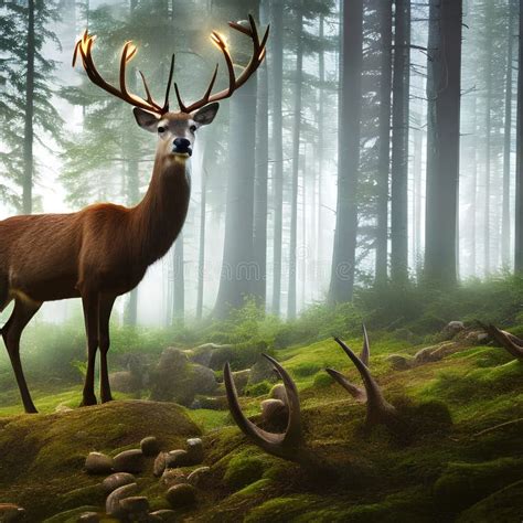 A Mystical Deer With Antlers Adorned With Glowing Mushrooms Wandering