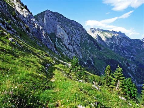 Alpine Pastures And Meadows On The Slopes Of Alpstein Mountain Range