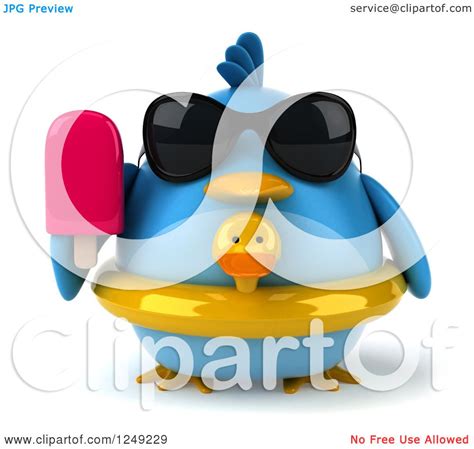 Clipart Of A 3d Chubby Blue Bird Wearing Sunglasses And A Ducky Inner