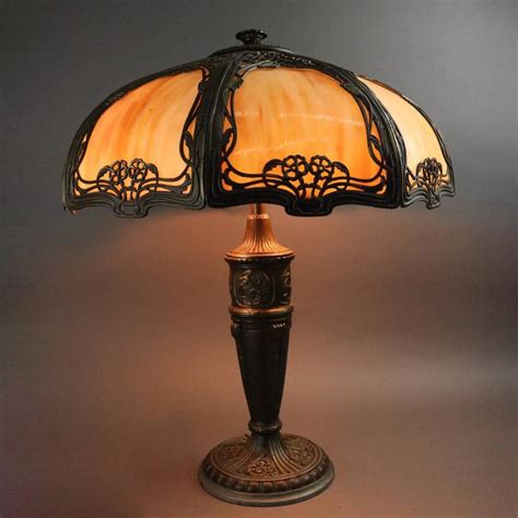 Antique Art Nouveau Foliate Filigree Eight Panel Shade Slag Glass Lamp