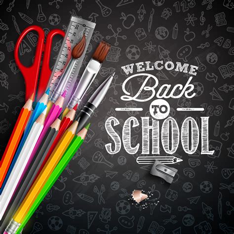 Back To School Design With School Items On Black Chalkboard Background