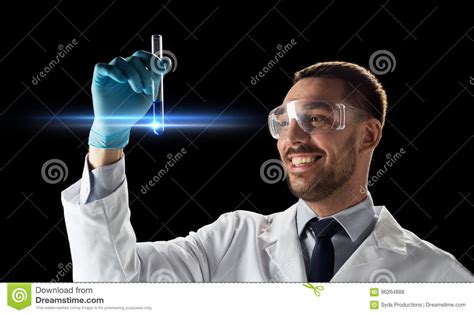 Smiling Scientist In Goggles With Test Tube Stock Photo Image Of