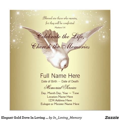 Elegant Gold Dove In Loving Memory Memorial Invitation Zazzle In
