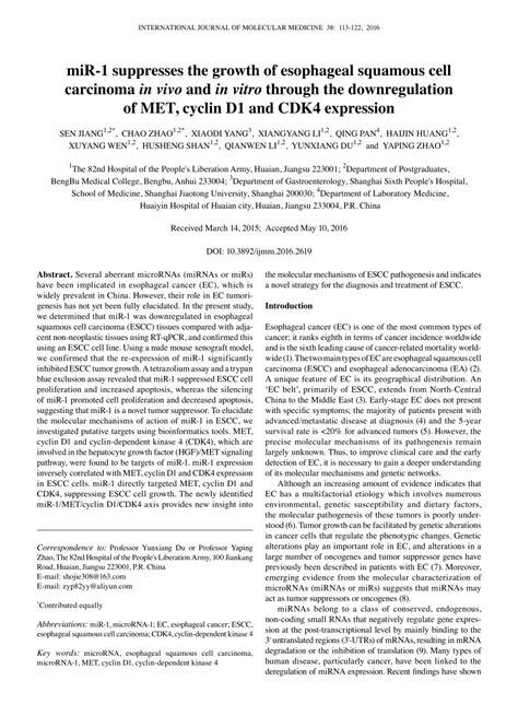 Pdf Mir 1 Suppresses The Growth Of Esophageal Squamous Cell Carcinoma