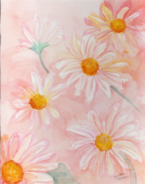 Shasta Daisies Watercolors Paintings Original Pale Coral Pink Small