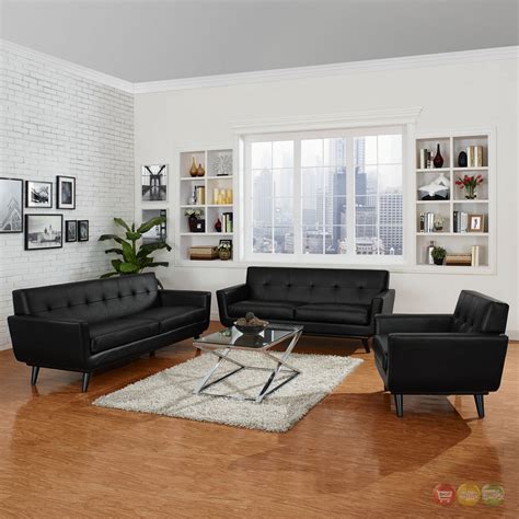 Mid Century Modern Engage 3pc Button Tufted Leather Living Room Set Black