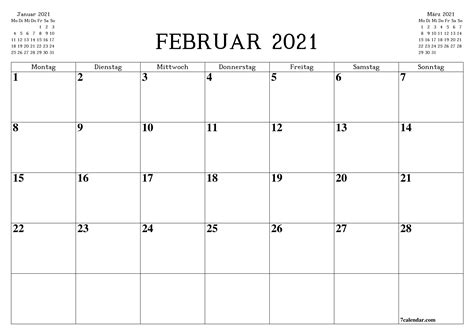 Leerer kalender für den druck januar 2021. Kostenlose druckbare leere Monatskalender und Planer für ...