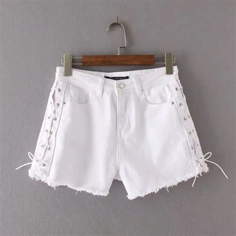Sexy Side Lace Up Denim Shorts Women Hollow Out Pocket White Short Jeans Summer 2018 Casual