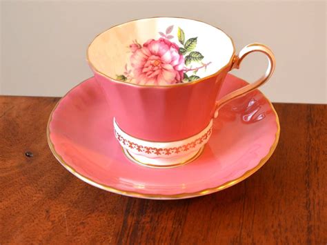 Antique Aynsley England Bone China Tea Cup And Saucer Solid Pink With