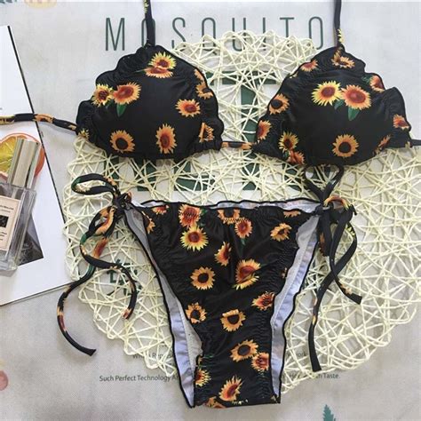 Cute Sunflower Print Push Up Bikini Set Women Swimwear Sexy Triangle