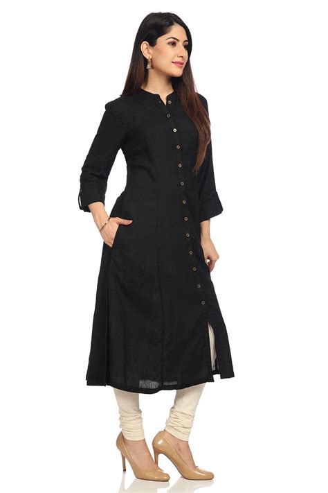 Buy Online Black Cotton Rayon And Linen Front Open Kurta For Women