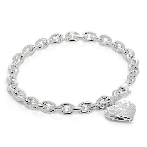 Heavy Sterling Silver Charm Bracelet With Diamond Cut Puffed Heart
