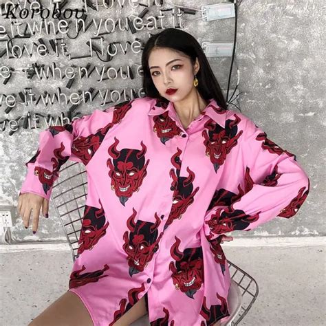 Korobov Harajuku Devil Printed Blusas Tops 2019 Japanese Medium Long