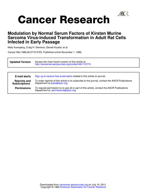 Pdf Modulation By Normal Serum Factors Of Kirsten Murine Sarcoma Virus Induced Transformation