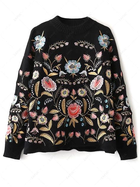 Floral Embroidered Sweater Black Sweaters Zaful