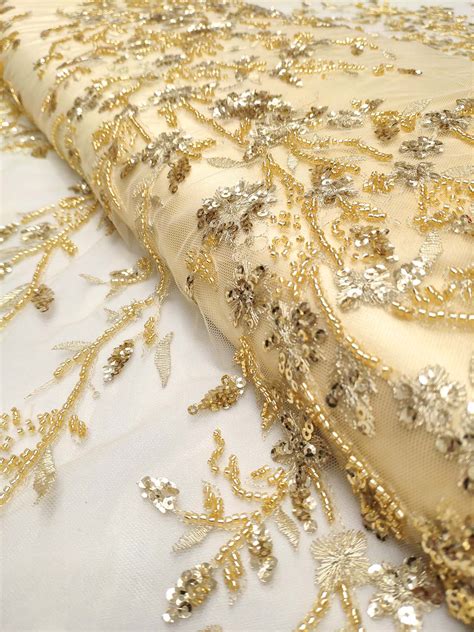 Gold Net Floral Beaded Lace Fabric 99434 Design My Fabric