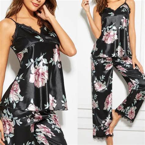 Conjunto De Pijama De Seda Para Mujersatín Con Estampado Floral