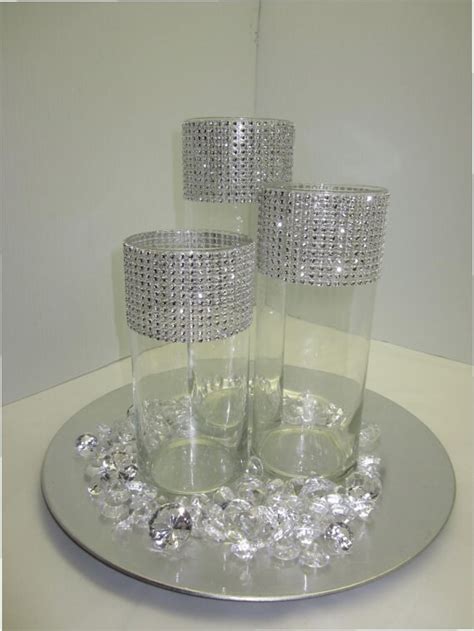 Items Similar To Set Of 3 Centerpices Rhinestone Mesh Wrap Glass Cylinder Vases For Weddings Or