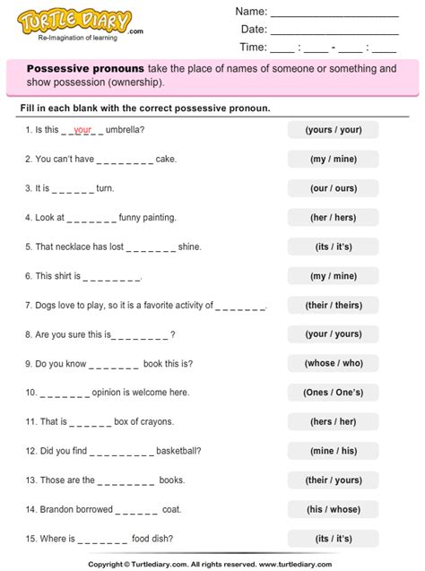 Pronouns Worksheets Fill In The Blanks With A Possessive Pronoun 1