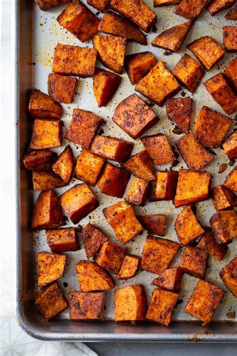 Tyler florence's roasted sweet potatoes from food network are made even sweeter and stickier with honey, cinnamon and 30 minutes in a hot oven. Easy, Roasted Sweet Potatoes | Recipe | Roasted sweet potatoes, Roasted sweet potato cubes ...