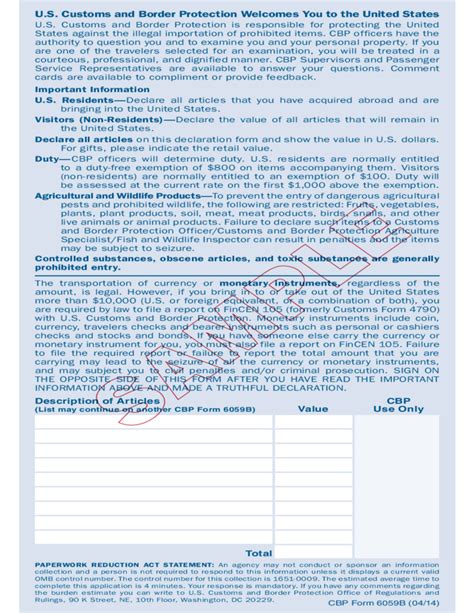Form 6059b Customs Declaration Free Download
