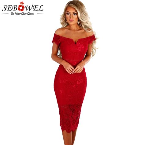 Sebowel Sexy Red Lace Midi Party Dress Women Elegant Long Maxi Lace Bodycon Dress Off Shoulder