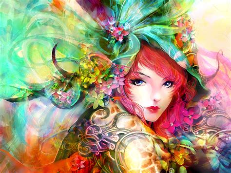 Art Painting Girl Eyes Face Flowers Red Hair Colorful Wallpaper