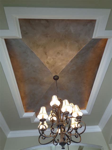A textured dining room ceiling created with tinted texture effects then glazed with metal effects copper and iron paint oxidized with rust and blue patina | by andrea blair murrill of broads with brushes. Modern Masters Silver Metallic Paint ceiling by Peter ...
