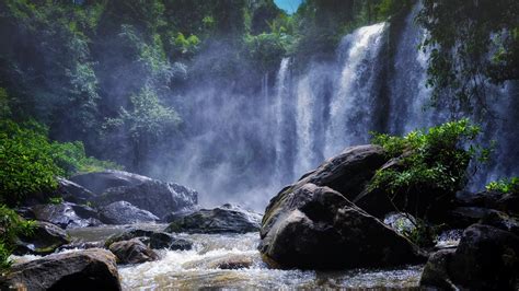 Nature Landscape Trees Waterfall Rocks Plants Mist Tropical